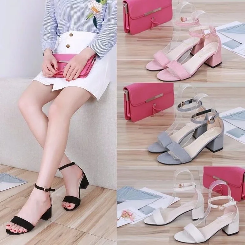 Sale Sandals Women Female Faux Suede Summer Sandals Women 2022 Elegant Medium Heel Women Shoes Ladies Shoes Pink black gray