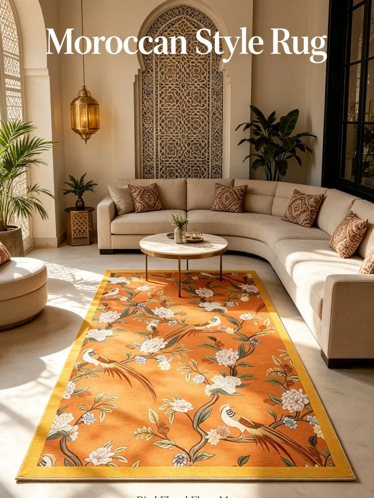 Vintage Orange Bird Floral Area Rug Classical Flower‑Bird Pattern Large Carpet Non‑Slip Floor Mat for Middle East Villa Living R