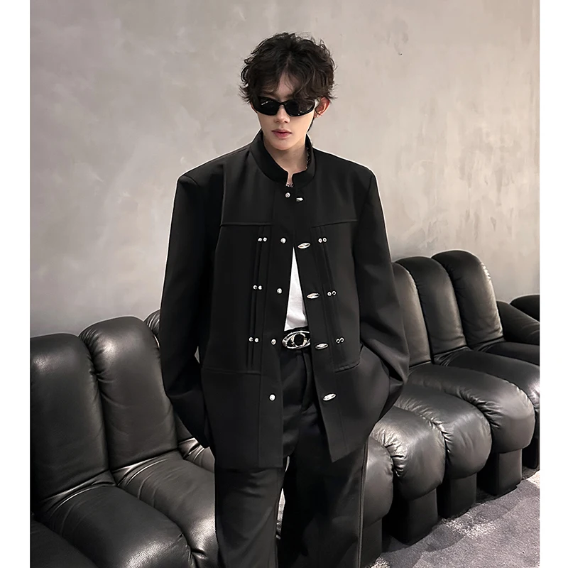 

Мужской костюм в китайском стиле с воротником-стойкой, тяжелый дизайн, металлические пуговицы, подплечники, повседневный пиджак в западном стиле