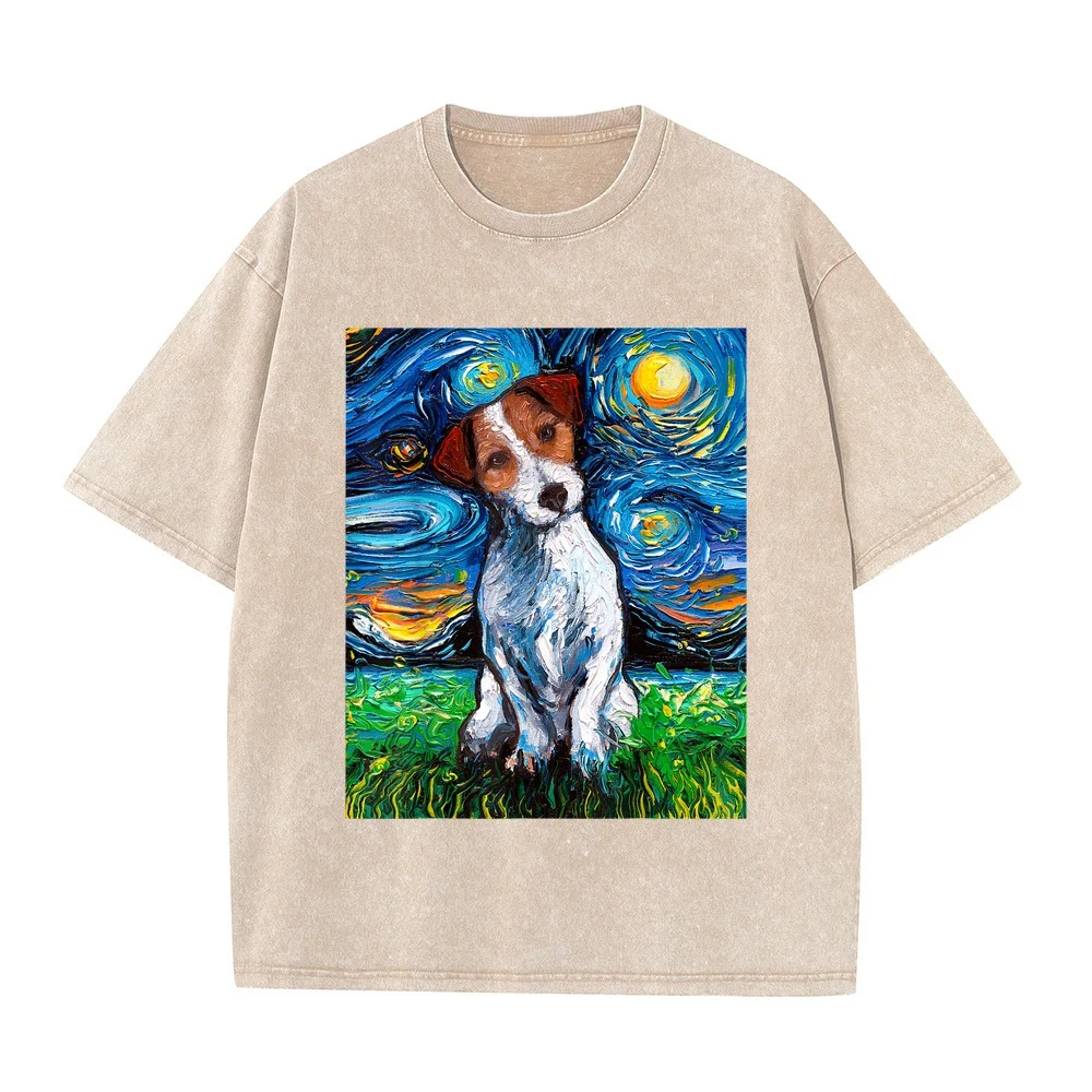 Jack Russell Terrier Starry Night Dog Animal Art by Aja T-Shirt Футболка Man T Shirt Unisex Full Size Pet Owner Round Neck Dad