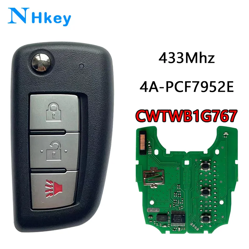 NHkey CWTWB1G767 3 Buttons 433MHz 4A PCF7952E Flip Remote Key For Nissan Qashqai J11 Pulsar C13 Juke F15 X-Trail T32 Micra