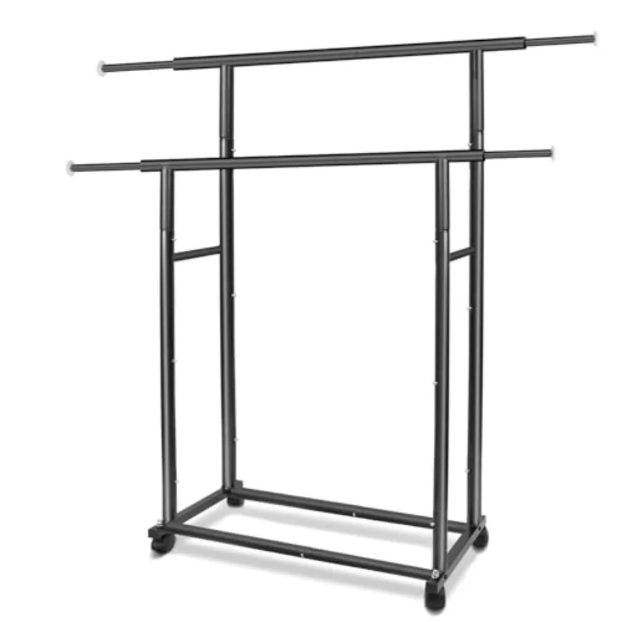 

Black Simple Standard 2 Double Rod Clothing Metal Garment Rack for Hanging Clothes Rolling Clothes Organizer with Mobile Lockab