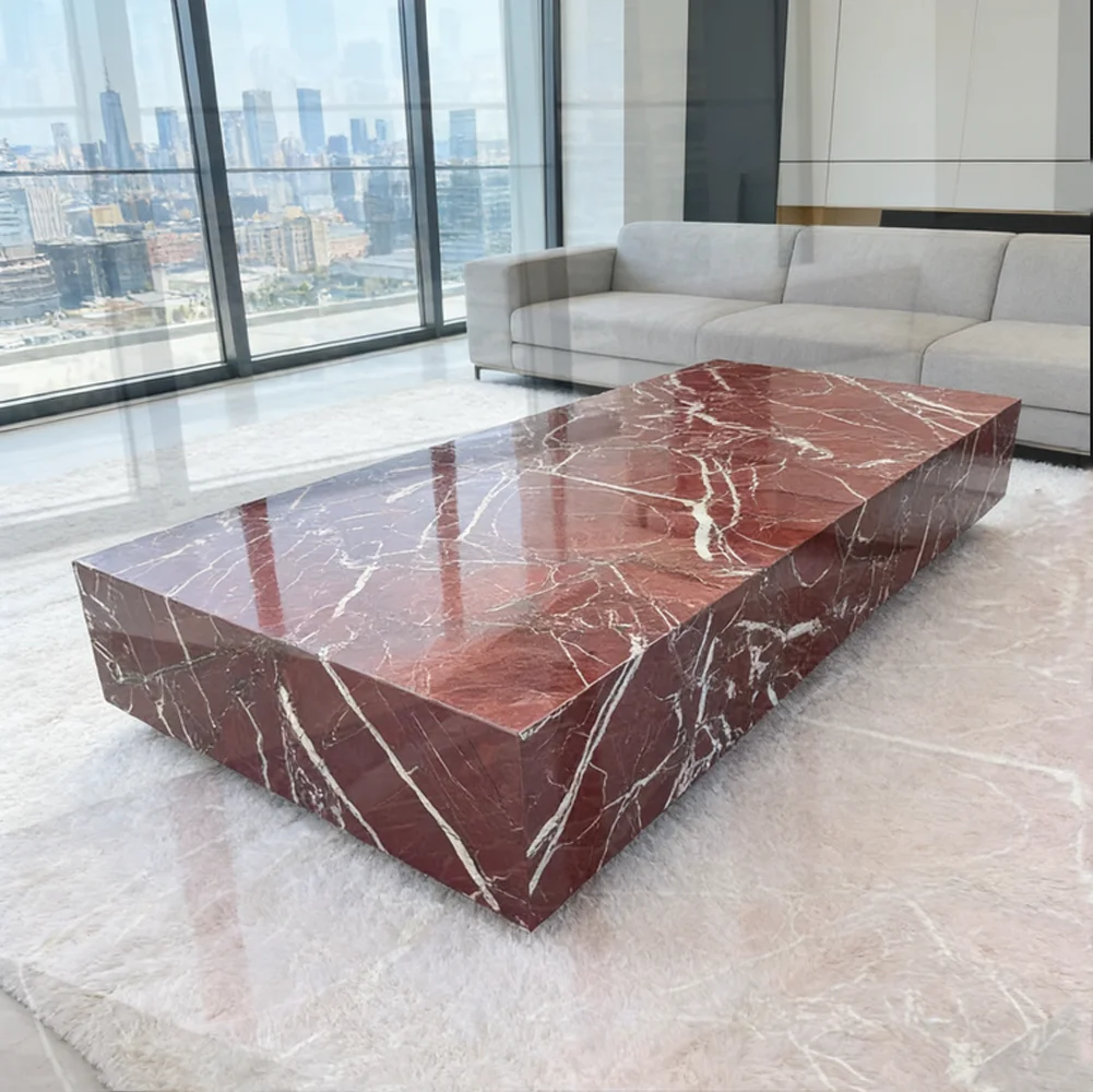 Mesa de Centro Moderna de Lujo con Base de Mármol Rojo, Juego de Mesas de Centro con Tapa de Mármol Única y Pedestal