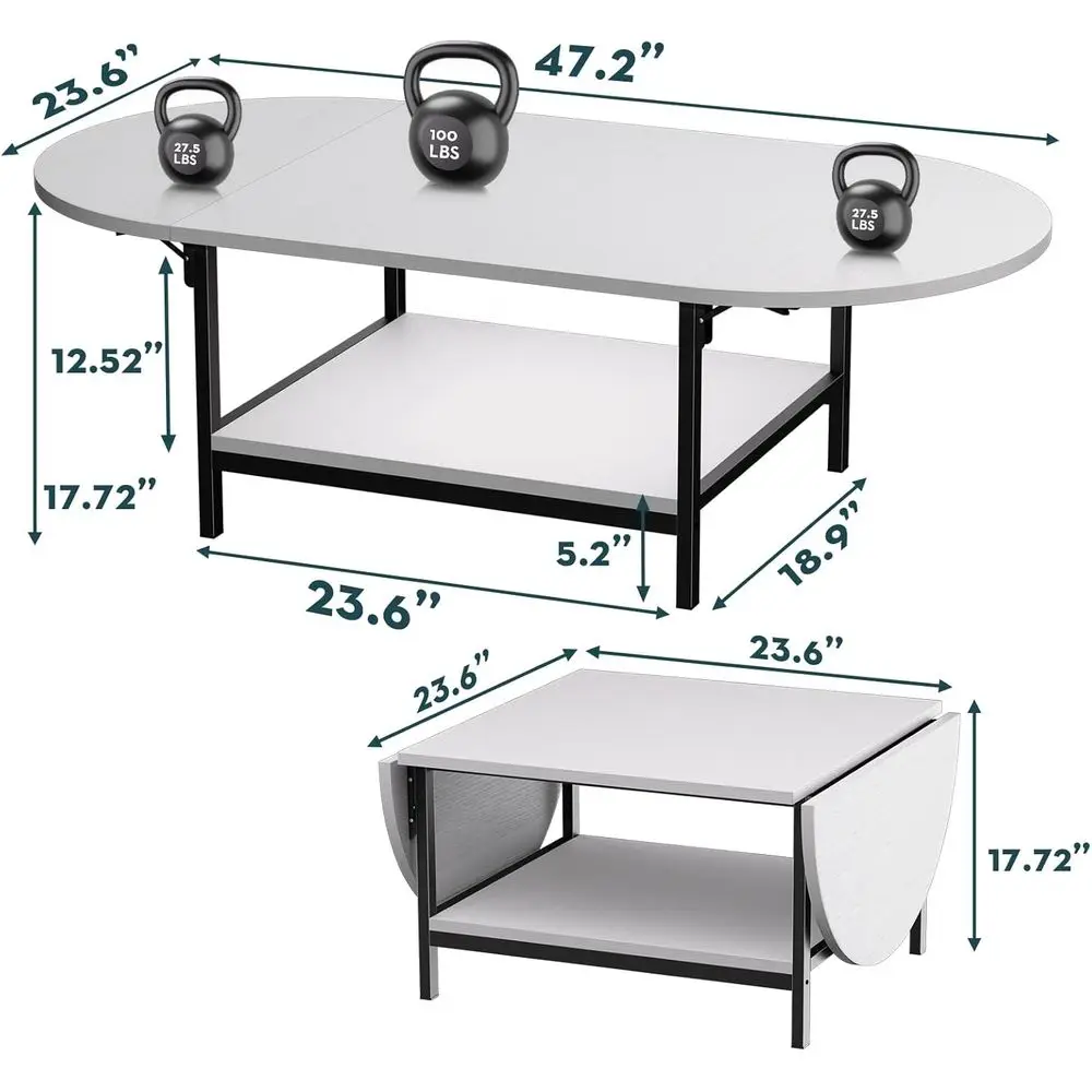 White 2-Tier Storage Coffee Table with Foldable Panels for Living Room, Suitable for Any Space