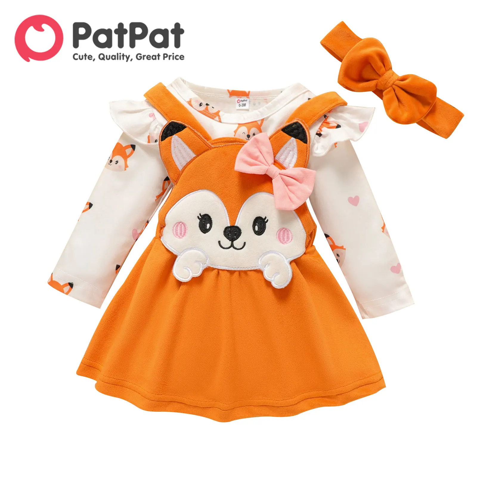 PatPat Newborn Baby Girl Clothes New Born Babies Items Costume 3pcs Fox Print Jumpsuit Romper Overall Dress with Headband Set