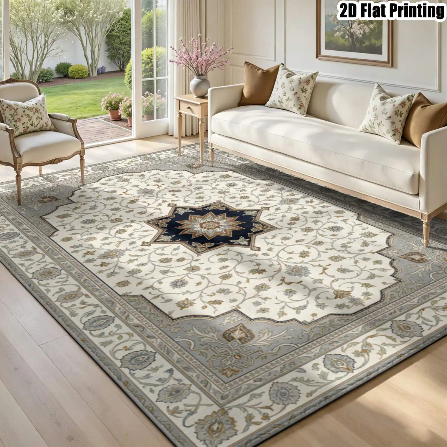 1Pc 2D Printed Carpet: Beige & Blue Floral Geometric Patterns, European Vintage Bohemian Style, Multi-Size, Machine Washable, Ideal for Home Decor Including Entryway, Dining Room, Foyer, Bedroom, Living Room