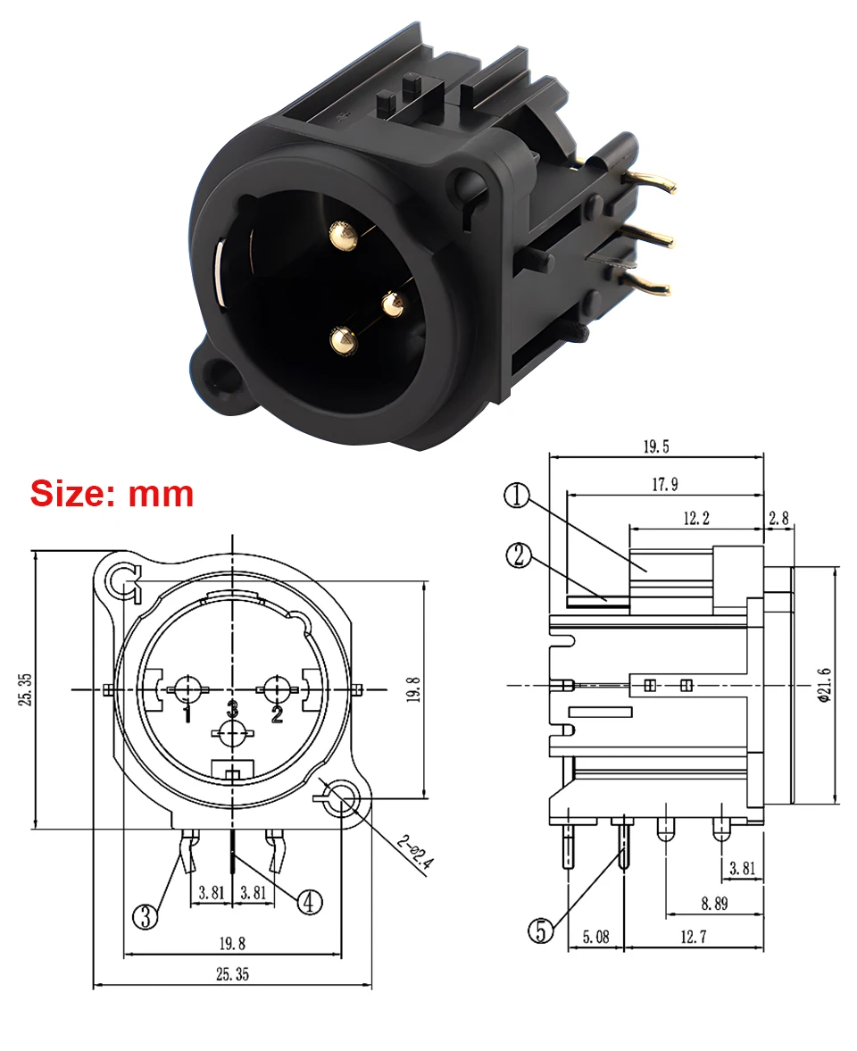 10 pcs XLR 3 Pin Male Plug + Female Socket Connector Square Shape PCB Panel Mount Chassis 3 Pole XLR Adapter view 2