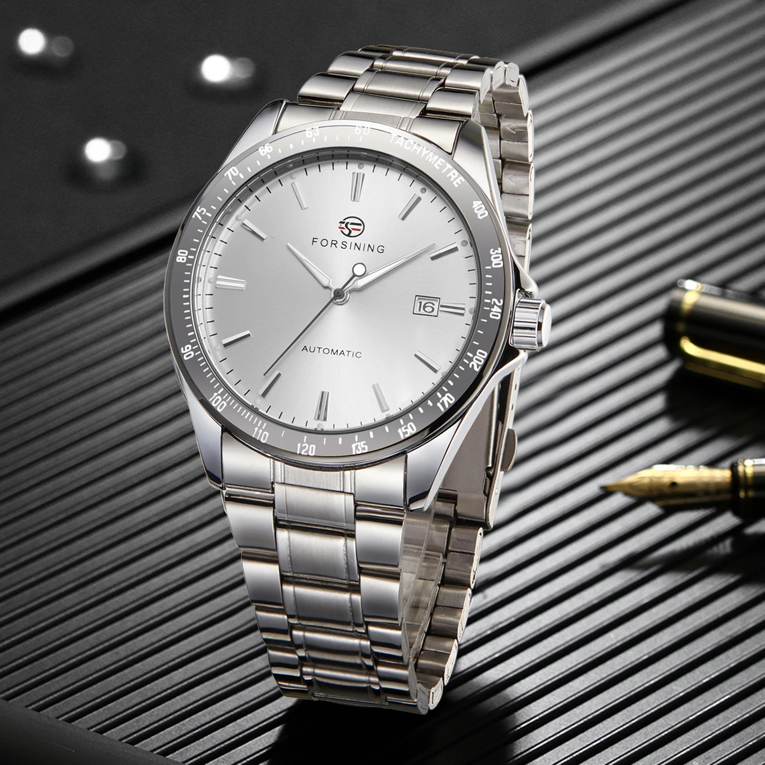 Minimalistische Business-Mechanische Uhren Mode Weißes Zifferblatt Edelstahlarmband Klassischer Kalender Automatische Herrenuhr Forsining