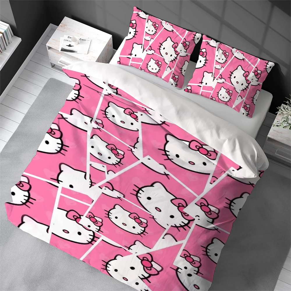 

H-Hello Cute K-Kitty Duvet Cover Set Home Style Bedding Soft Laundry Cotton Bed 3 Piece Set Student Dormitory Gift