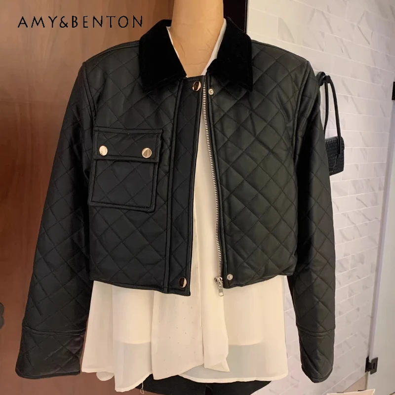 

French Retro Design Black Warm Fleece-Lined Women's Jacket 2025 Winter New Sweet Cool Fashion Personality Leather Jackets ladies