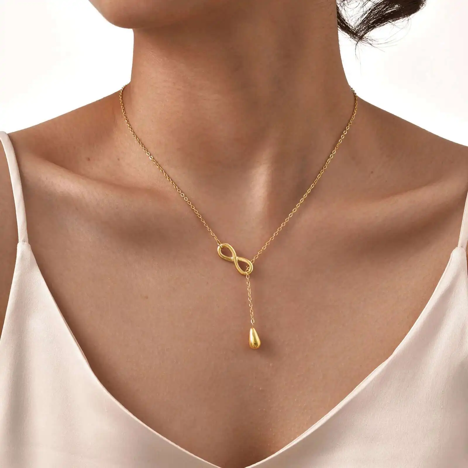 Prjewel K Chain Choker For Women Stainless Steel Infinite Love Eternal Water Drop Pendant Y-Shaped Necklace Mother's Day Gift