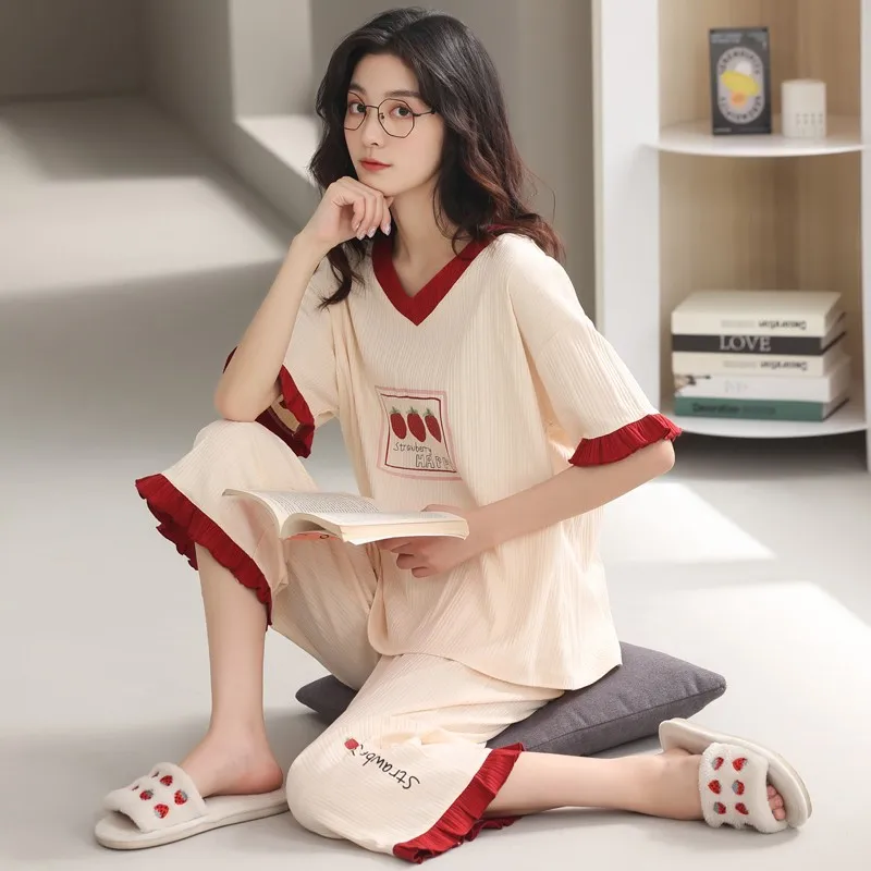 

New Summer Cotton Pajamas Set Calf-Length Pants Short Sleeve Nightwear for Young Girls Women's Soft Sleepwear Pijamas Mujer 2013