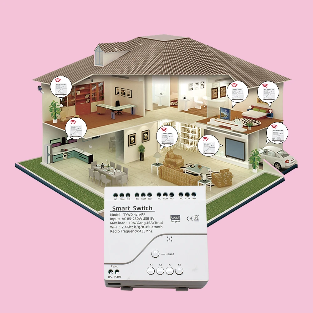 Relé de Controle Remoto WiFi Módulo Interruptor Inteligente, Suporta Transmissor 433MHz para o Sistema App Tuya, 4 Canais, 5V, 12V, 24V, 7V-32V, 220V