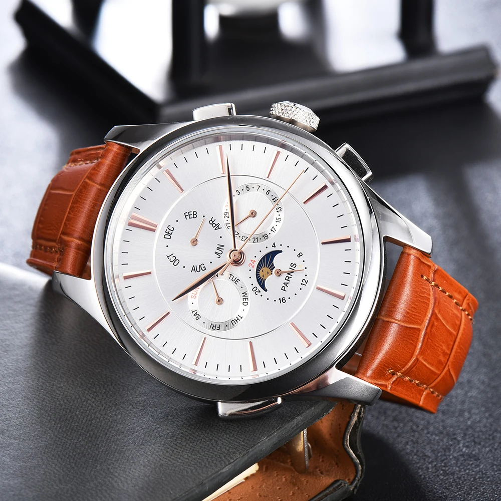 Fashion Parnis 45mm Silver Case Men Watch Automatic Mechanical Moon Phase Calendar Leather Strap Men\'s Watches montre homme 2023