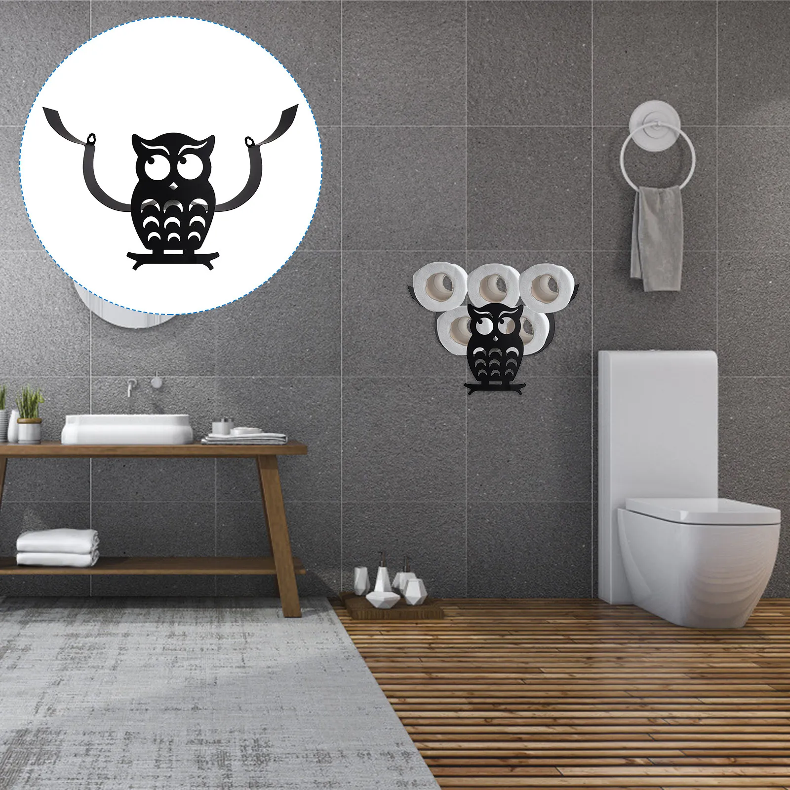 

1Pcs Creative Owl Design Iron Paper Towel Rack Wall-Mounted Storage Shelf for Kitchen Bathroom Toilet Living Room Tissue Holder