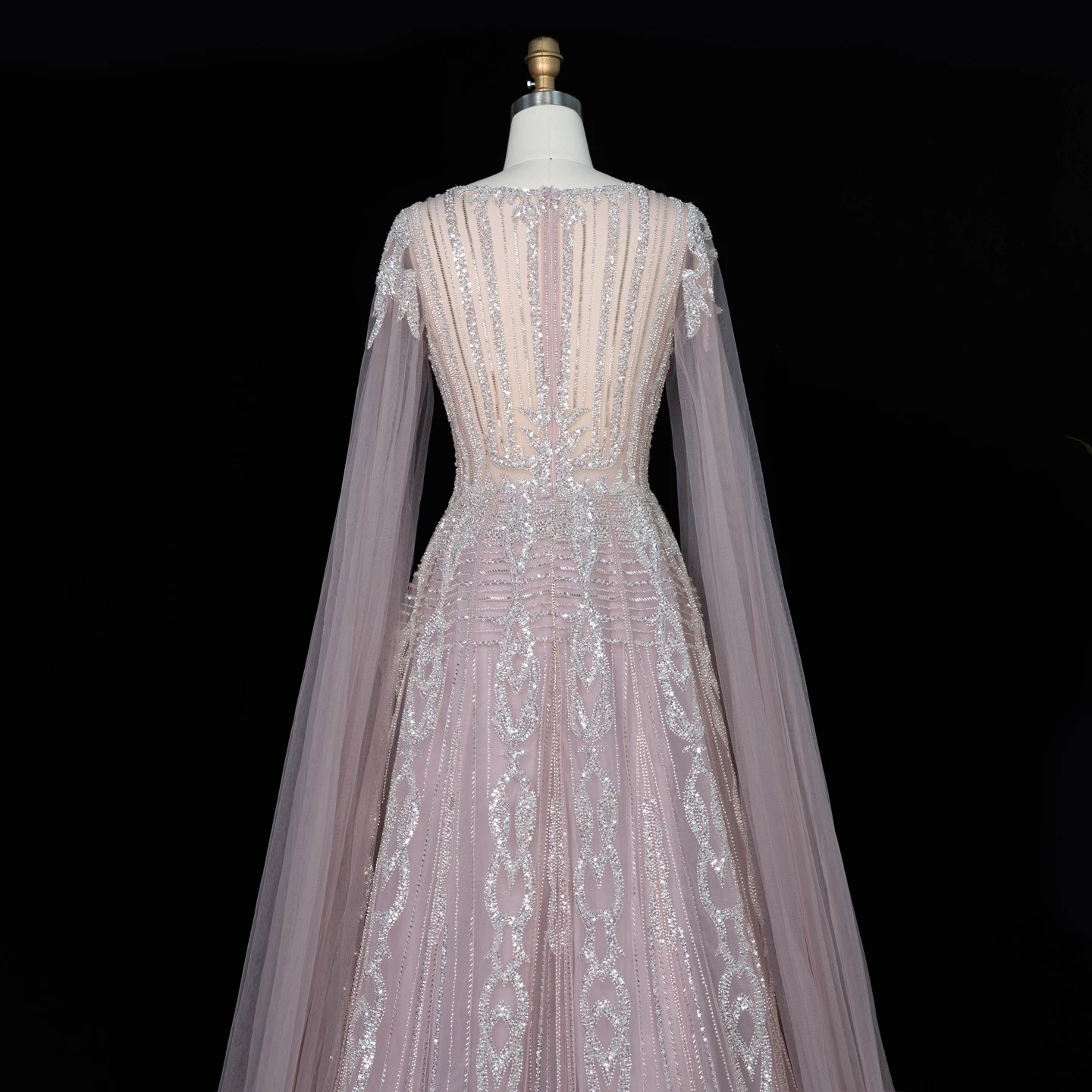 Sharon Said Luxuriöses grünes Abendkleid mit V-Ausschnitt, langen Tüll-Cape-Ärmeln, aufwendig mit Perlen verziert, für formelle Anlässe und Partys, SS073, nach Maß – Detail 18