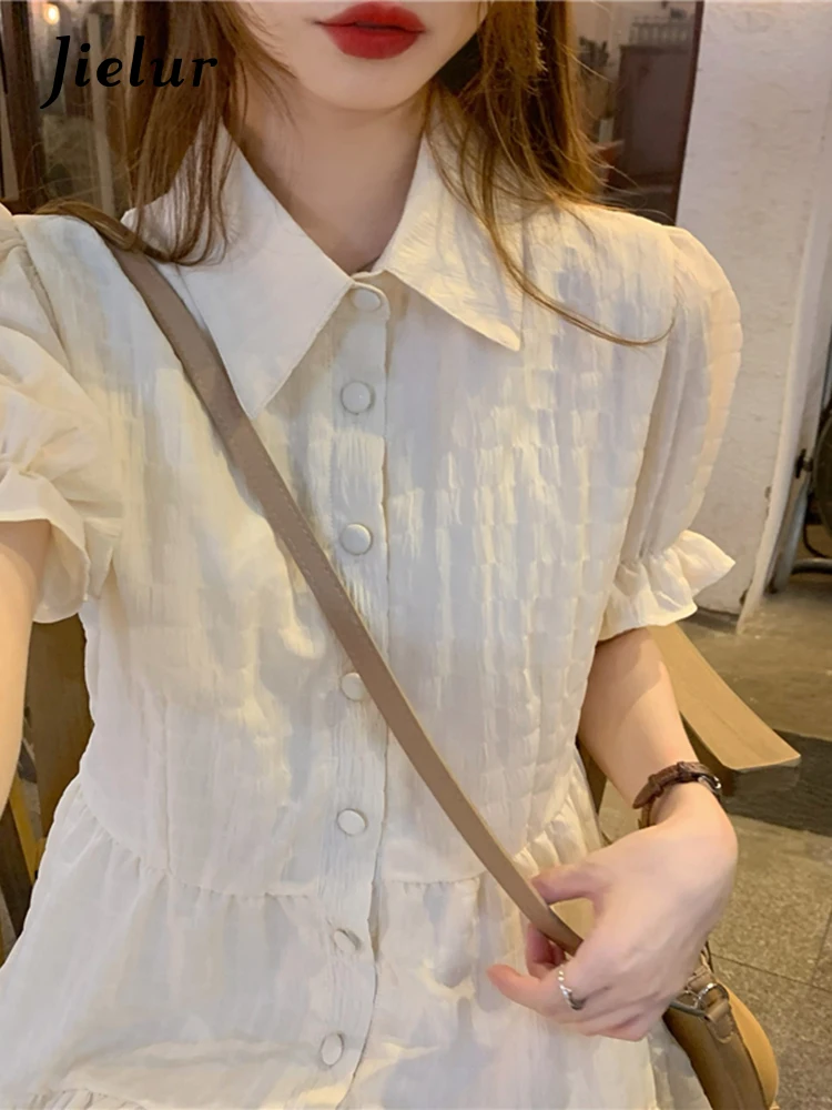 

Jielur Summer New Solid Color Slim Women's Dress Sweet Chic Ladies Elegant Dress Woman Apricot Black Korean Simple Dress Female