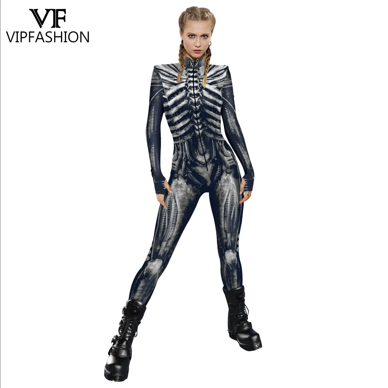 VIP FASHION-disfraz de Robot Punk para Halloween, traje Sexy con estampado de esqueleto para mujer, mono Zentai, vestido de fantasía para carnaval