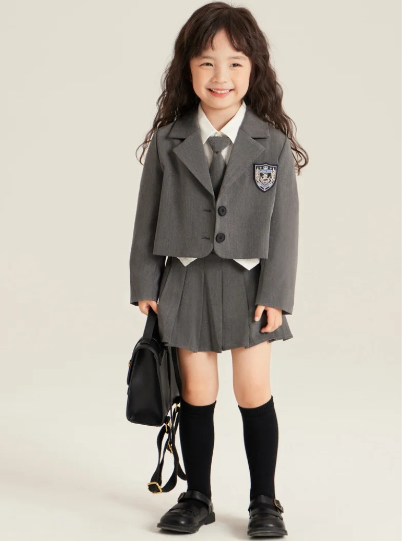 Formal Western Suit Pleated Skirt For Girls Clothes Set Gray School Uniforms For 4 5 6 7 8 9 10 11 12 13 Years Kids Girls Outfit