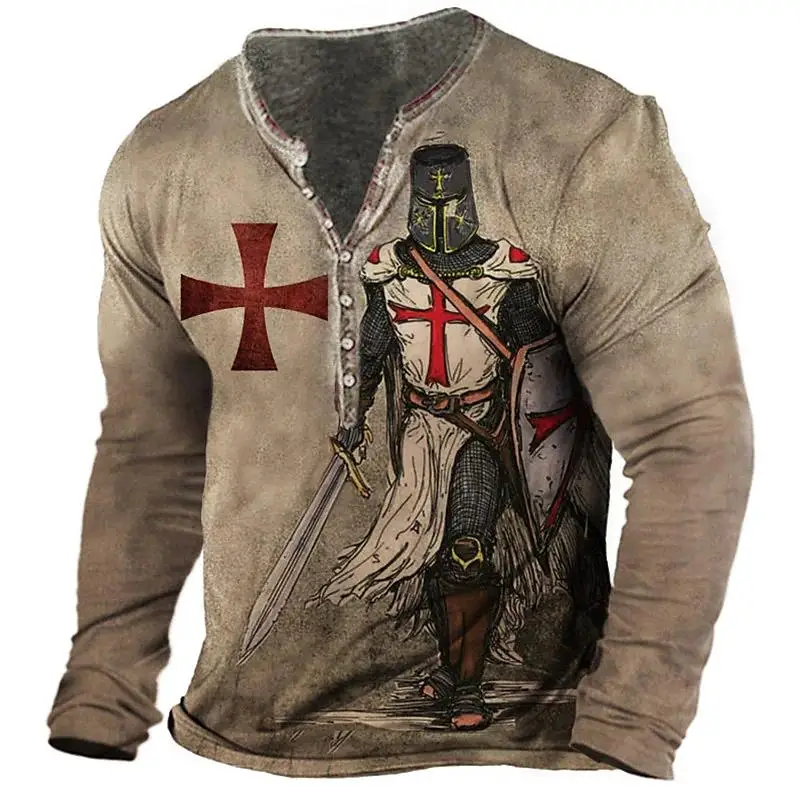 Vintage Men's Cotton T-Shirts Knights Templar Print 3D T Shirts Summer Oversized Tops Long Sleeve Tee Casual Button-Down Clothes