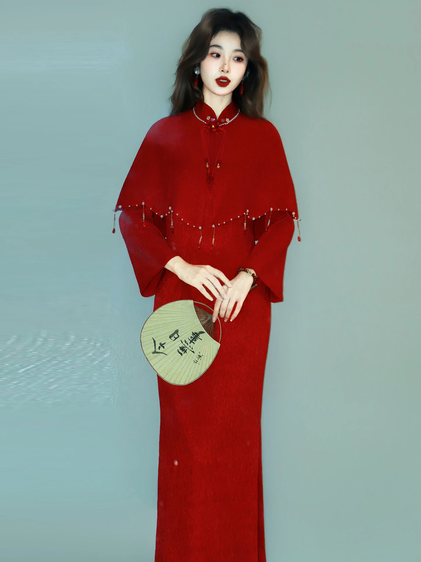 

Red Wedding Dr Small Size Satin with awl Vintage Sle Long Qipao High Slit Long Sve Full Length Gown