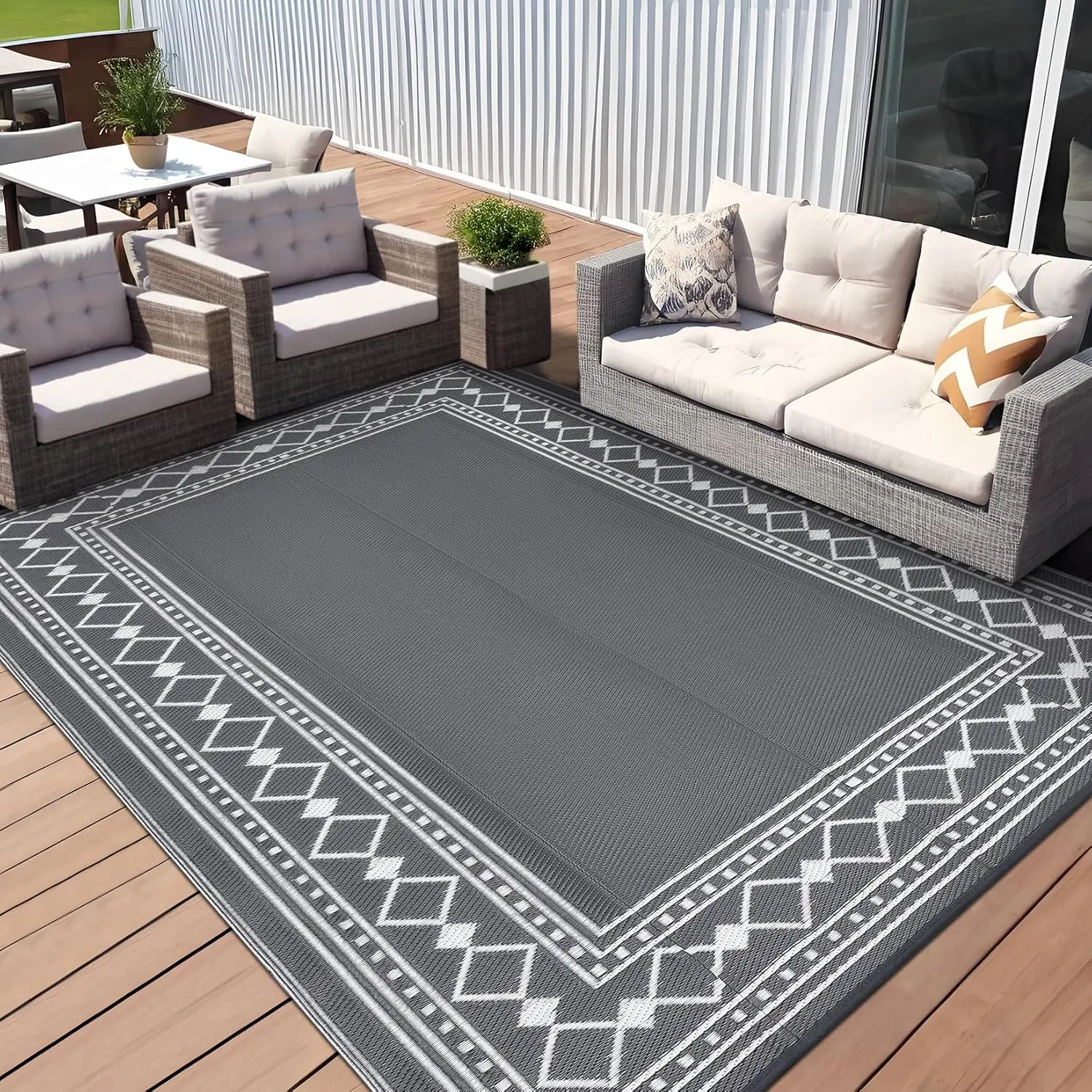 10x20 Large Outdoor Patio Rug – Waterproof Plastic Straw Carpet, Washable Reversible Mat with Modern Border, for Camping, RV, Deck, Porch, Picnic, Balcony, Backyard (White/Grey)
