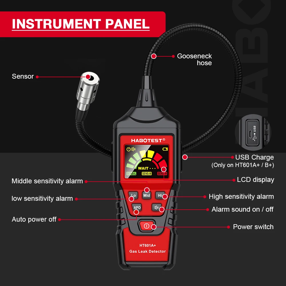 HABOTEST HT601 Gas Leak Detector Analyzer HT601A HT601B Sound & Screen Alarm Combustible Flammable Natural Methane Tester