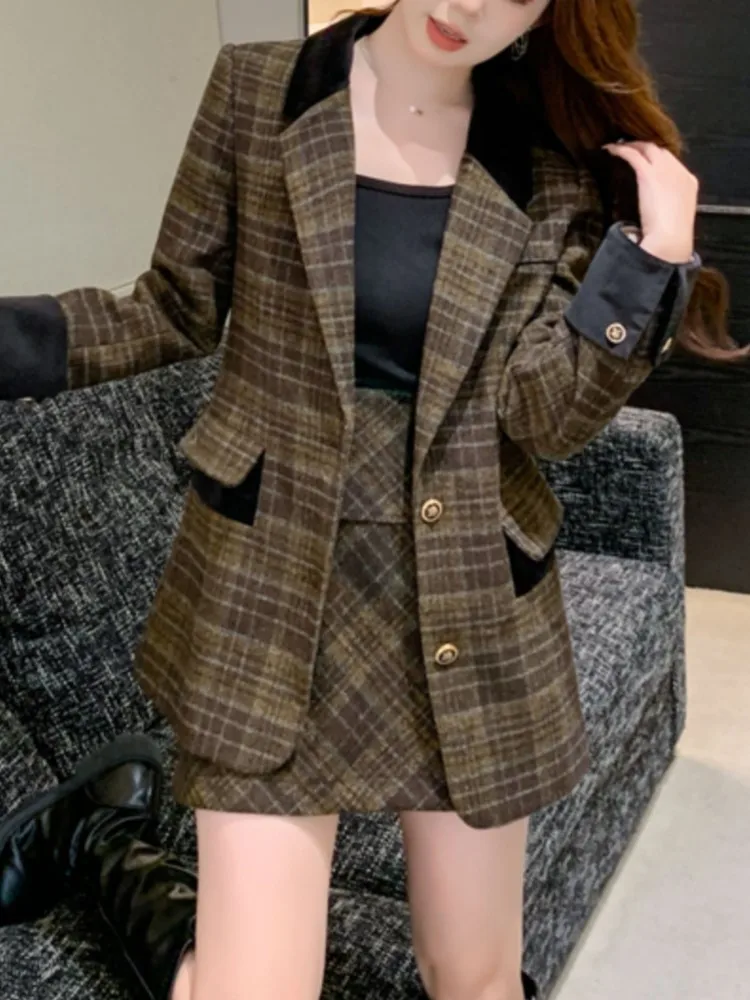 Winter Women Elegant Casual Plaid Blazer Skirts Suit Vintage Business Formal Jackets Coat Mini Saya Outfits Female 2 Pieces Set