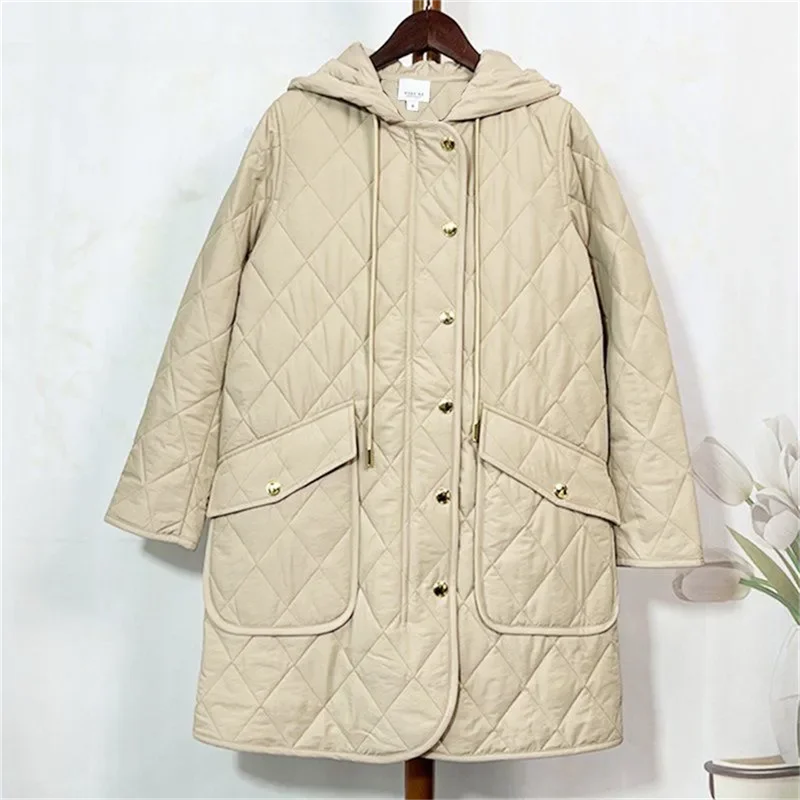 QuiltedRhombic Lattice Jacket Women\'s Long 2023 New Autumn/Winter Korean Loose Fitting Fashion Lightweight Down Cotton Jacket Tr