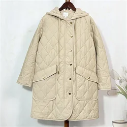 QuiltedRhombic Lattice Jacket Women's Long 2023 New Autumn/Winter Korean Loose Fitting Fashion Lightweight Down Cotton Jacket Tr