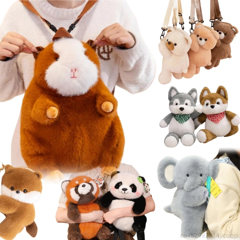 Kawaii ตุ๊กตาสัตว์ตุ๊กตากระเป๋าเป้สะพายหลัง Panda Raccoon หมาป่าหมีกบ Capybara Penguin Elephant Plush กระเป๋าเป้สะพายหลังของขวัญเด็ก