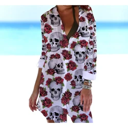 Halloween Skull Rose 3D Print Beach Blouses Summer Women Long Sleeve Mid-length Shirts Buttons Blusas Woman Pocket Tops Blouse