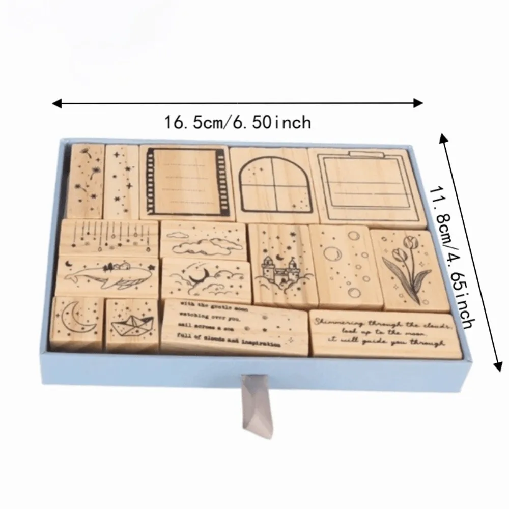 16pcs Clear Imprint Wooden Rubber Stamp Set Moon Cloud Scenery Delicate Carving Decorative Wood Stamp Rectangle Stamp Set