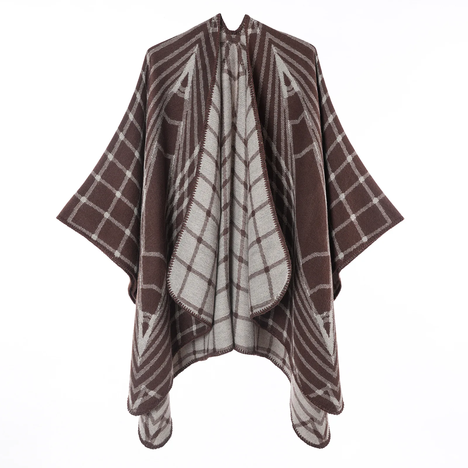Irregular geometric jacquard cape shawl for autumn and winter, faux cashmere thermal pullover, split head, and cape worn over it