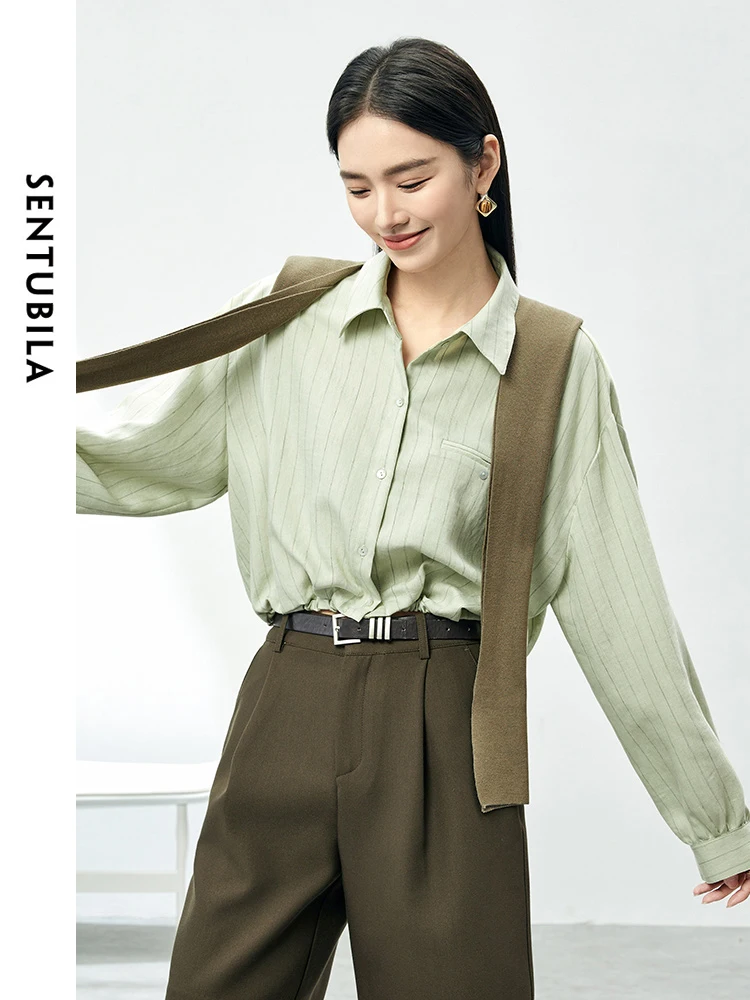 SENTUBILA 2 Piece Wraps Striped Linen Shirts for Women 2024 Autumn Fashion Long Sleeve Top Button Down Shirts Blouses 141C53495