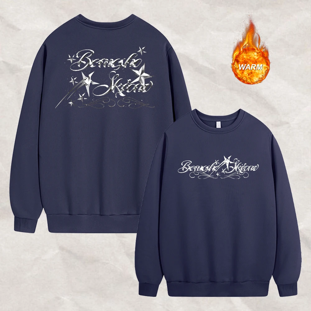 Men's Crew Neck Pullover Sweatshirt With Gothic Metallic Star Print Autumn And Winter Casual Thickened Warm Commuter Top