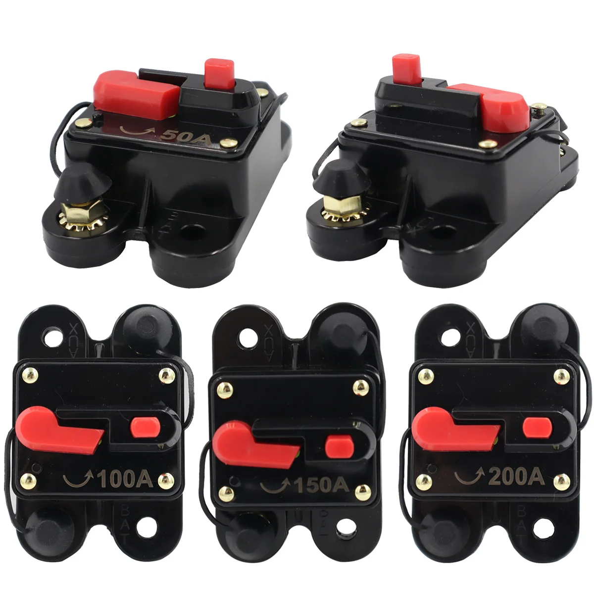 DC Circuit Breaker 50A 200A Manual Reset, 12V-24V Fuse Holder for Car Audio Amps Protection Solar System Inverter Replace Fuses