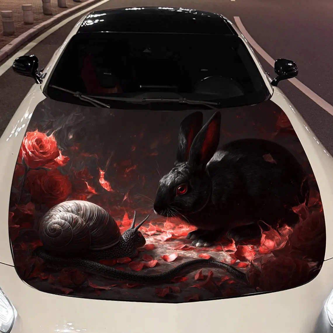 

Черный кролик, красная полосатая змея и розы, автомобильная виниловая пленка, водонепроницаемая наклейка на капот автомобиля из ПВХ, самоклеящаяся устойчивая к царапинам