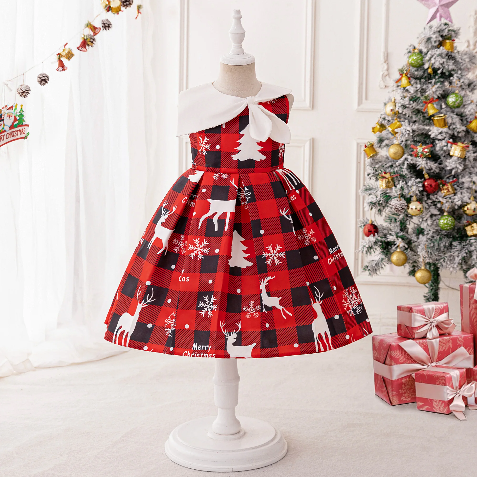 Red Plaid Christmas Deer Girls Party Dresses Snowflake Tree Wedding Birthday Princess Dress for Girl Bridemaid Evening Costumes