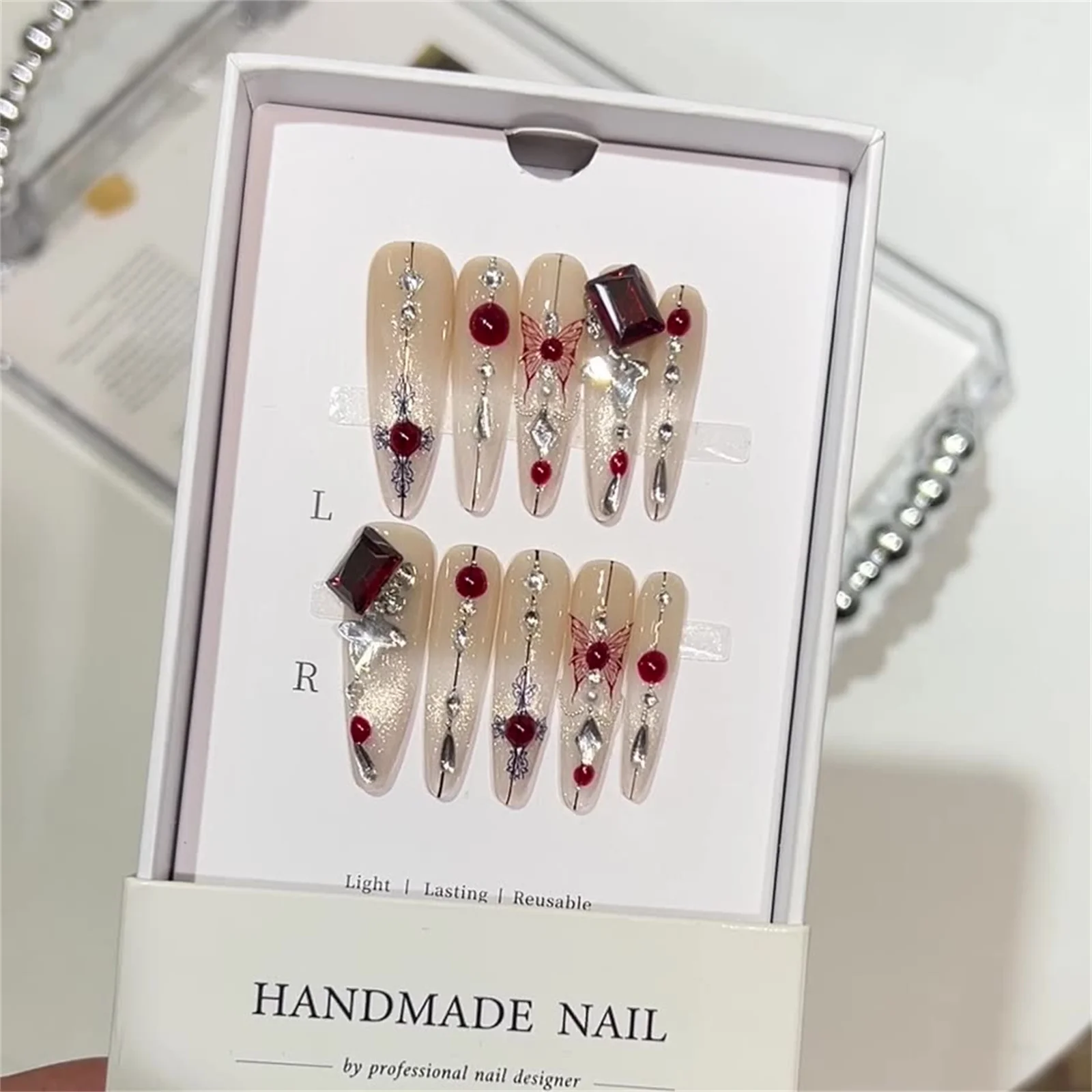 

10 шт., накладные ногти с бабочкой, дизайн в готическом стиле, накладные ногти, ручная роспись, накладные ногти для женщин, декор для Хэллоуина