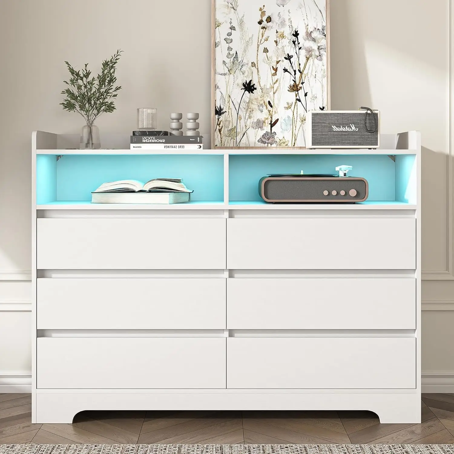 Cómoda blanca para dormitorio, aparador grande de 6 cajones con luz Led y 2 cajones, cómoda de madera moderna, para Tv