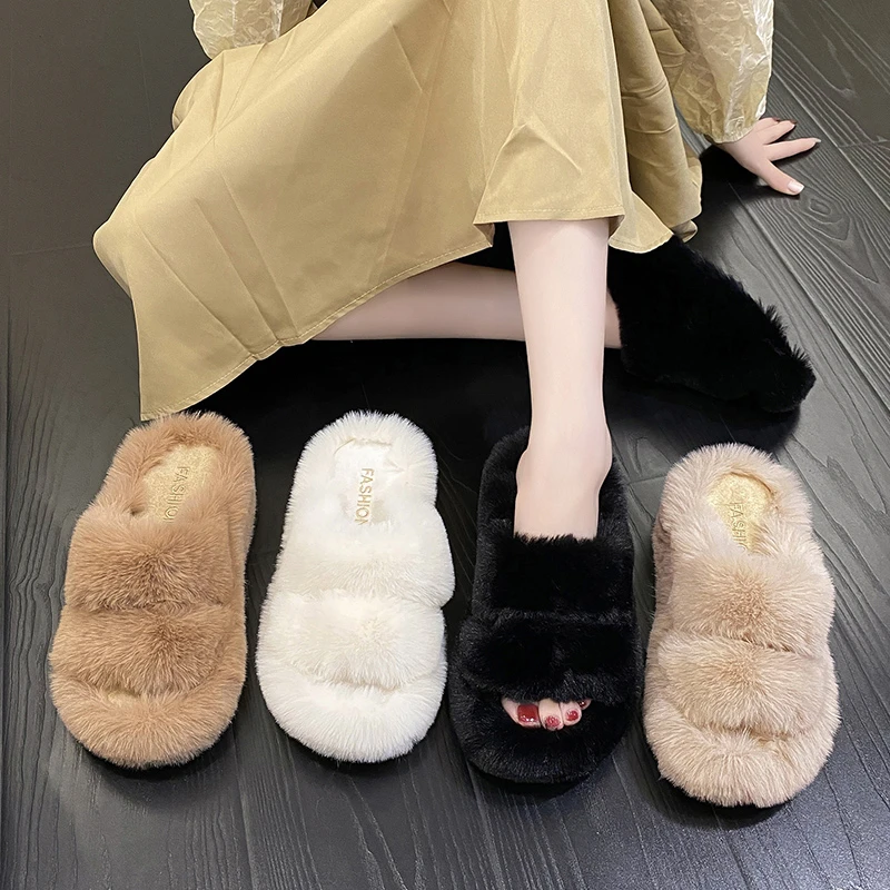 Woman Furry Ladies Fur Luxury Fluffy Plush Slipper House Soft Fuzzy Platform Indoor Casual Winter Home Warm High Heels Female