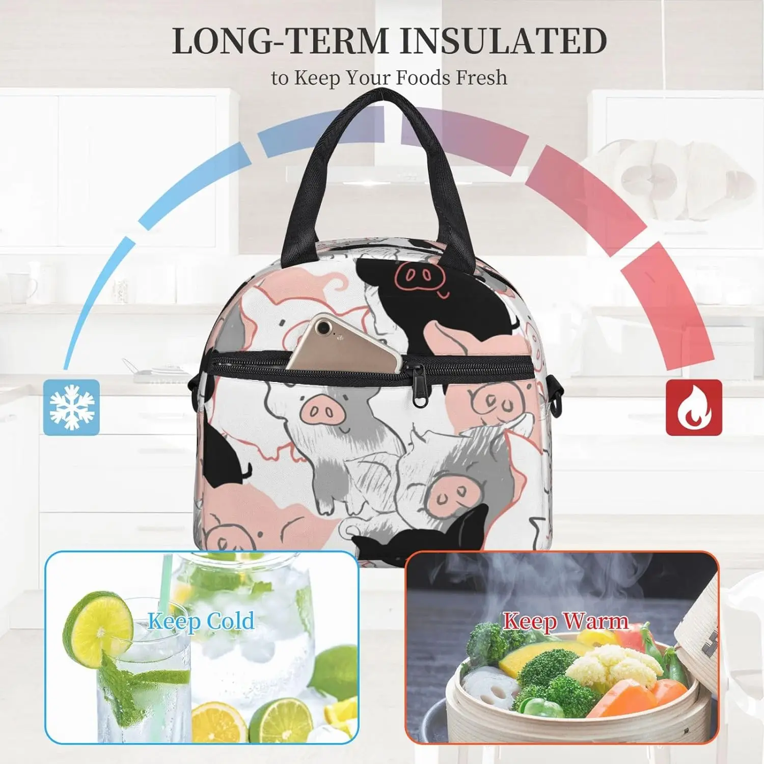 Graffiti Hand Drawn Cute Pigs Lunch Bag Insulated with Adjustable Shoulder Strap for Women Men Reusable Lunch Cooler Bag