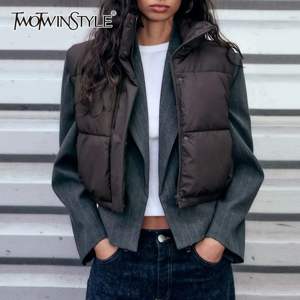 

TWOTWINSTYLE Solid Spliced Zipper Wiastcoats For Women Stand Neck Sleeveless Minimalist Wiastcoat Female Fashion Style Clothes