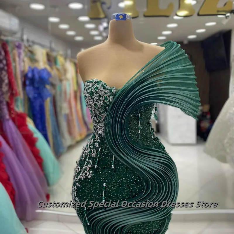 Exquisitos vestidos de noche de sirena verde, vestido Formal largo con cuentas de cristal, un hombro, plisado con lentejuelas, fiesta de Gala personalizado