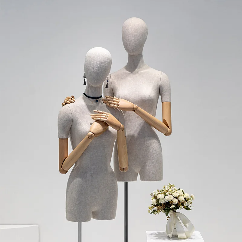 

New Arrival Fabric Cover Female Half Body Mannequin Torso Metal Base with Wood Arm for Wedding Clothing Display Adjustable Rack