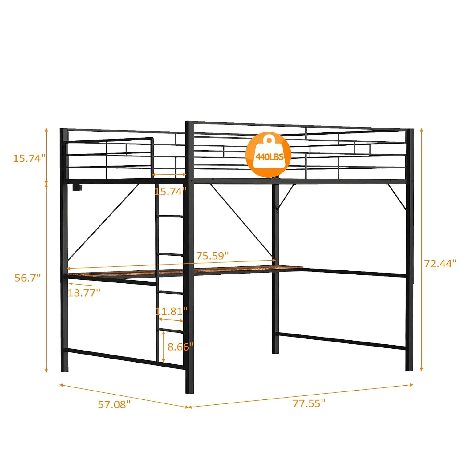 Queen Loft Bed with 15 Inch Guardrail,Led Lights and Desk Underneath, Industrial Metal High Sleeper with 2 Charging, Customized