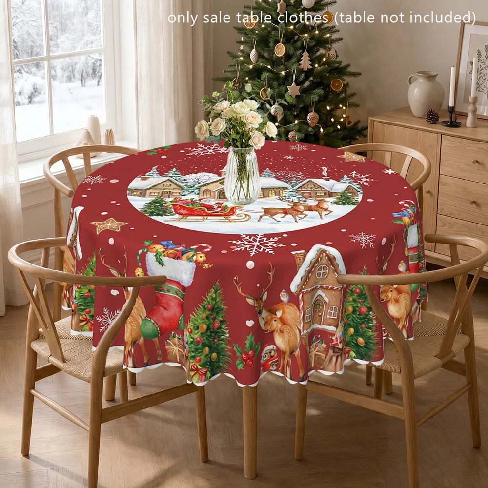 Christmas Village Santa Sleigh Reindeer Tablecloth - Round, Indoor and Outdoor, Printed with Santa Claus Sleigh Reindeer Pattern