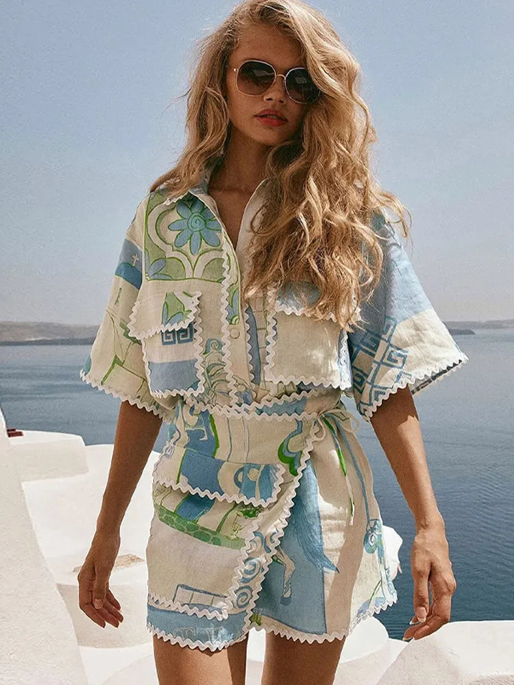 

Women Casual Printing Short Suit Wave Edge Lapel Collar Midi Sleeves Cardigans Skirt Set Loose Vacation Beach Style Leisurewear