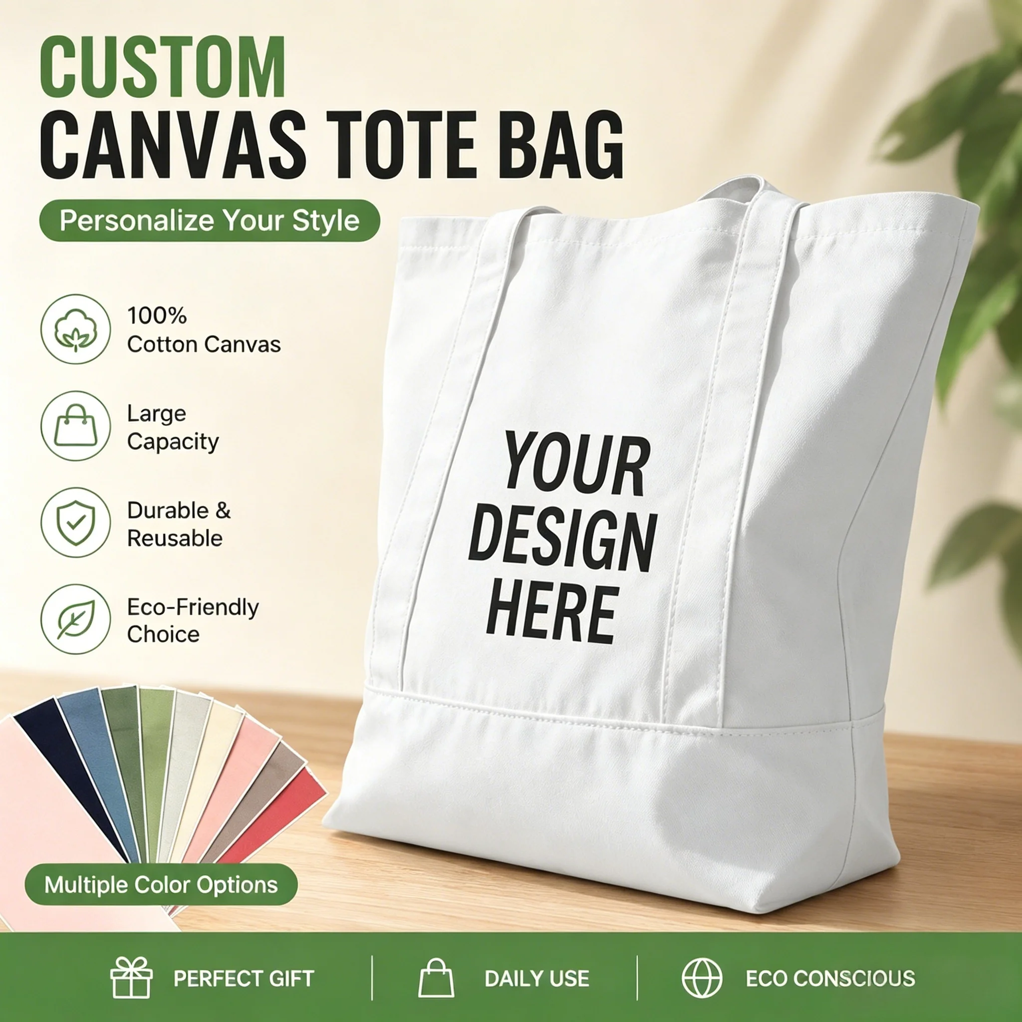 Custom Canvas Tote Bag with Zipper, Personalized Customized Shoulder Bag with Photo Text Logo for Women Men, 16x14x4